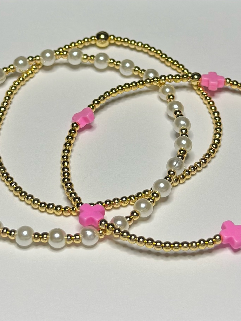 Gold Bead Bracelet Set with Pink Star Accents